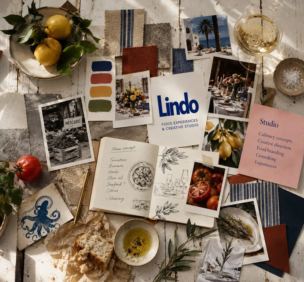 A studio moodboard: Lindo card, colour swatches, menu sketches, lemons, fabric samples and photos
